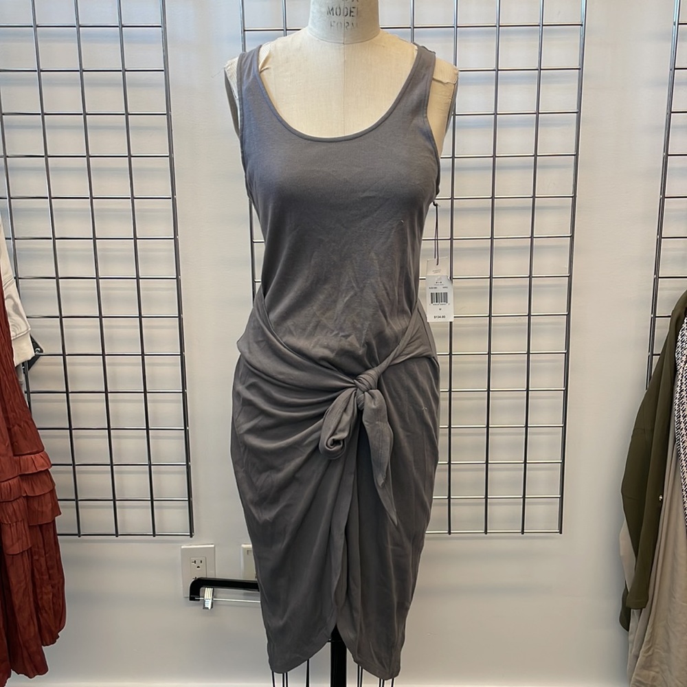 Charcoal grey sleeveless tie waist dress